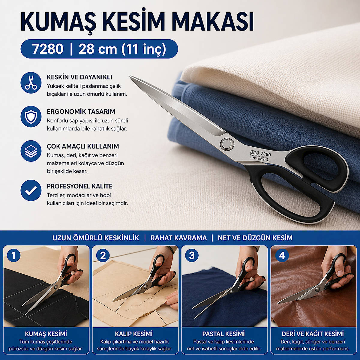 KAİ 7280SE Terzi Pastal Kumaş Kesim Makası (Orjinal Japon)